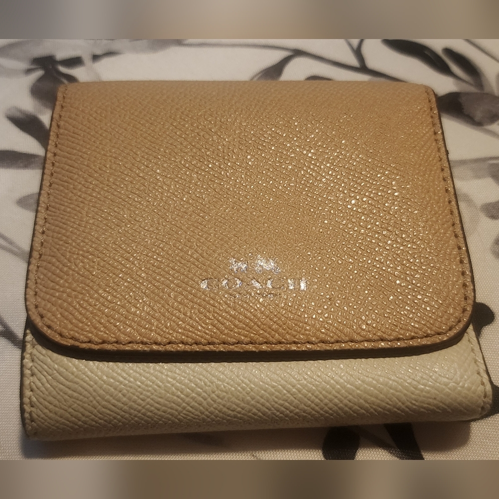 Coach Tan and Cream Compact Wallet with Textured Leather Finish
